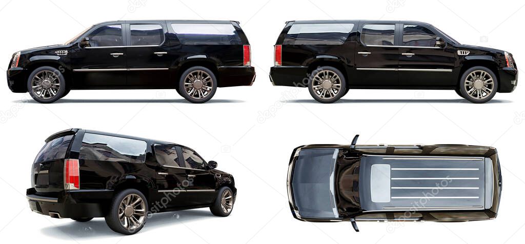 Set big black premium SUV on a white background. 3d rendering.