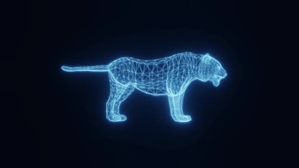 Animering Tiger Form Glödande Neonränder Från Ett Tredimensionellt Rutnät Rotera — Stockvideo