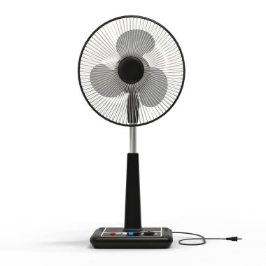 Siyah elektrikli vantilatör. Beyaz arka planda üç boyutlu bir model. Kürsüde kontrol düğmeleri olan vantilatör. Havalandırma için basit bir cihaz. 3d illüstrasyon.