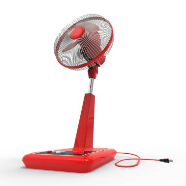 Kırmızı elektrikli fan. Beyaz arka planda üç boyutlu bir model. Kürsüde kontrol düğmeleri olan vantilatör. Havalandırma için basit bir cihaz. 3d illüstrasyon.