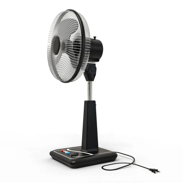 Černý elektrický ventilátor. Trojrozměrný model na bílém pozadí. Ventilátor s ovládacími tlačítky na stojanu. Jednoduché zařízení pro ventilaci vzduchu. 3D ilustrace. — Stock fotografie