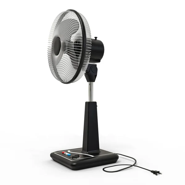 Ventilador eléctrico negro. Modelo tridimensional sobre fondo blanco. Ventilador con botones de control en el soporte. Un dispositivo sencillo para la ventilación de aire. ilustración 3d. — Foto de Stock