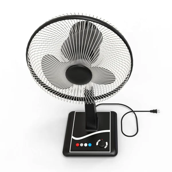 Ventilatore elettrico nero. Modello tridimensionale su sfondo bianco. Ventilatore con pulsanti di controllo sul supporto. Un semplice dispositivo per la ventilazione dell'aria. Illustrazione 3d. — Foto Stock
