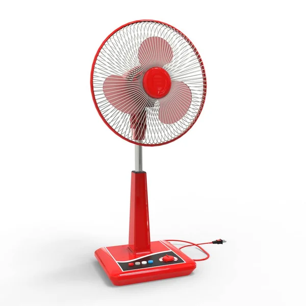 Rode elektrische ventilator. Driedimensionaal model op een witte achtergrond. Fan met bedieningsknoppen op de standaard. Een eenvoudig apparaat voor luchtventilatie. 3d illustratie. — Stockfoto