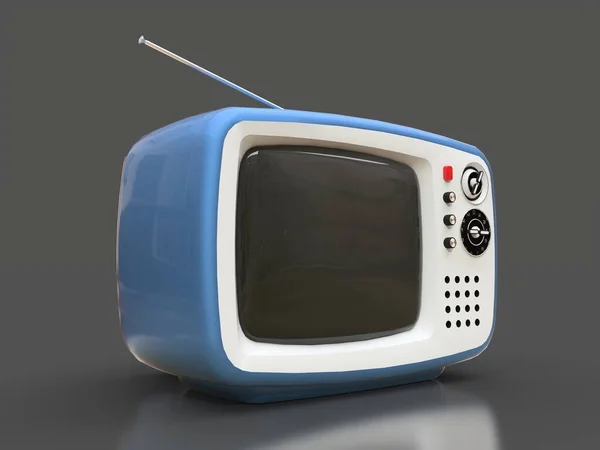 Carino vecchio televisore blu con antenna su sfondo grigio. Illustrazione 3d . — Foto Stock