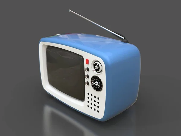 Carino vecchio televisore blu con antenna su sfondo grigio. Illustrazione 3d . — Foto Stock