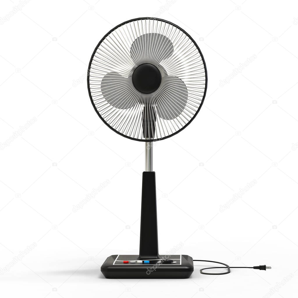 Black electric fan. Three-dimensional model on a white background. Fan with control buttons on the stand. A simple device for air ventilation. 3d illustration.