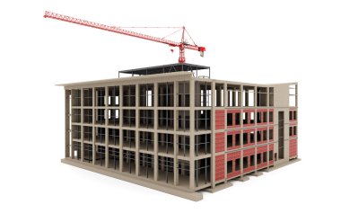 Beyaz arka planda inşaat vinci olan 3D model bir bina. 3d oluşturma