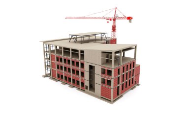 Beyaz arka planda inşaat vinci olan 3D model bir bina. 3d oluşturma