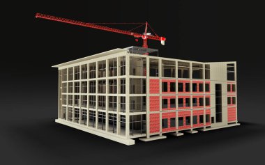 İnşaat 3D modeli altında, siyah arka planda inşaat vinci olan bir bina. 3d oluşturma