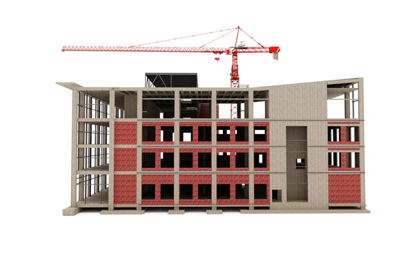 Budova Výstavbě Model Konstrukčním Jeřábem Bílém Pozadí Vykreslování — Stock fotografie