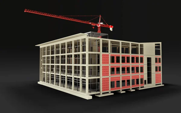 Edificio Construcción Modelo Con Grúa Construcción Sobre Fondo Negro Renderizado —  Fotos de Stock