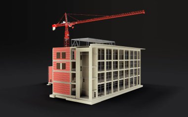 İnşaat 3D modeli altında, siyah arka planda inşaat vinci olan bir bina. 3d oluşturma