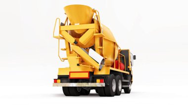 Turuncu beton karıştırıcı beyaz arka plan. İnşaat ekipmanlarının üç boyutlu çizimi. 3d oluşturma