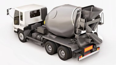 Beyaz kabinli beton karıştırıcı kamyon ve beyaz arka planda gri mikser. İnşaat ekipmanlarının üç boyutlu çizimi. 3d oluşturma.