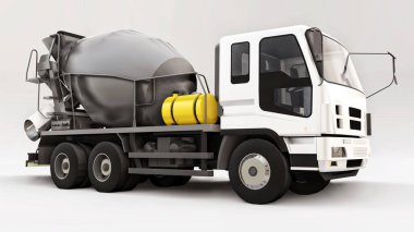 Beyaz kabinli beton karıştırıcı kamyon ve beyaz arka planda gri mikser. İnşaat ekipmanlarının üç boyutlu çizimi. 3d oluşturma.