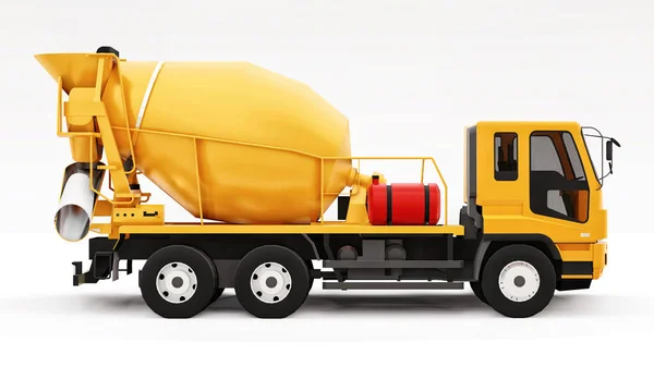 Orange concrete mixer truck white background. Three-dimensional illustration of construction equipment. 3d rendering