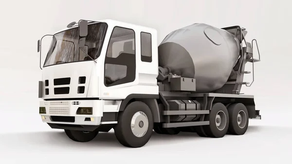 Camion betoniera con cabina bianca e mixer grigio su sfondo bianco. Illustrazione tridimensionale delle attrezzature da costruzione. rendering 3d. — Foto Stock