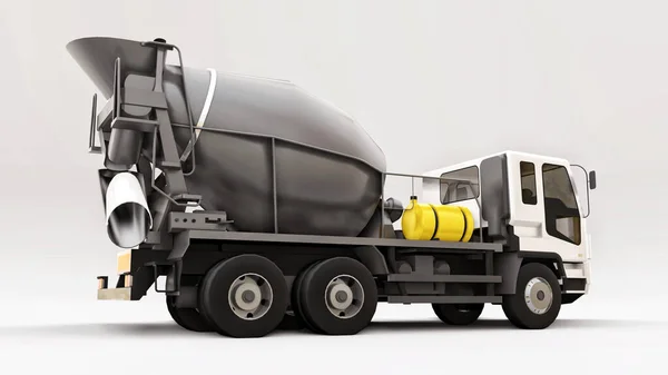 Бетонозмішувач вантажівка з білою кабіною і сірим мікшером на білому тлі. Тривимірна ілюстрація будівельного обладнання. 3D візуалізація . — стокове фото