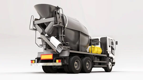 Camion betoniera con cabina bianca e mixer grigio su sfondo bianco. Illustrazione tridimensionale delle attrezzature da costruzione. rendering 3d. — Foto Stock