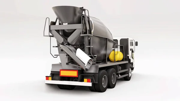 Camion betoniera con cabina bianca e mixer grigio su sfondo bianco. Illustrazione tridimensionale delle attrezzature da costruzione. rendering 3d. — Foto Stock