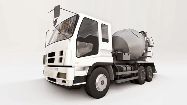 Caminhão betoneira com cabina branca e misturador cinzento sobre fundo branco. Ilustração tridimensional de equipamentos de construção. Renderização 3d. — Fotografia de Stock
