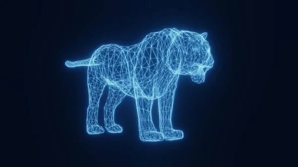Illustrazione di una tigre azzurra incandescente al neon da una griglia tridimensionale. rendering 3d. — Foto Stock