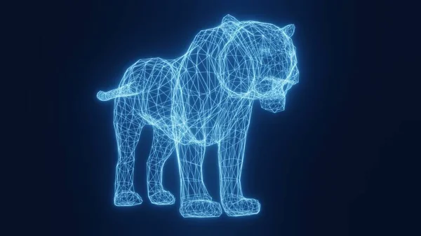 Ilustrace modrého neonu zářícího tygra z trojrozměrné mřížky. 3D vykreslování. — Stock fotografie
