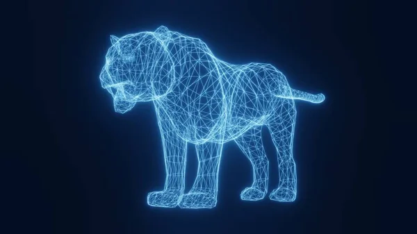 Illustrazione di una tigre azzurra incandescente al neon da una griglia tridimensionale. rendering 3d. — Foto Stock