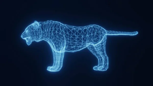 Иллюстрация синего неонового светящегося тигра из трёхмерной сетки. 3d-рендеринг . — стоковое фото