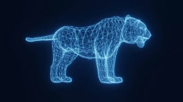 Εικονογράφηση ενός μπλε νέον λαμπερό τίγρη από ένα τρισδιάστατο πλέγμα. 3d απόδοση. — Φωτογραφία Αρχείου