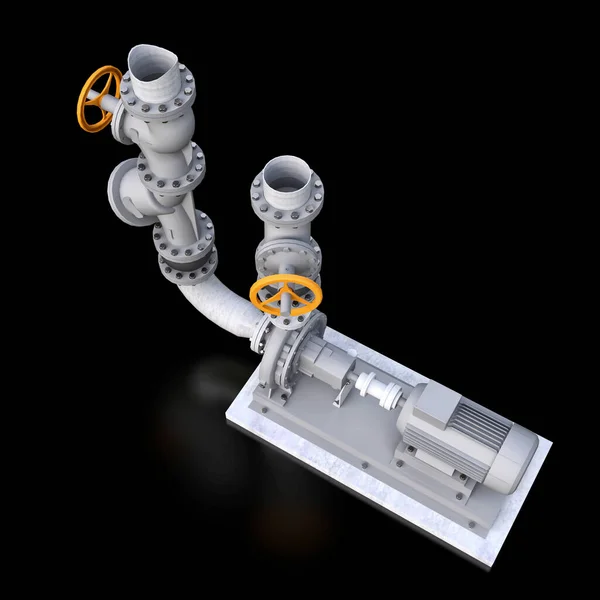 3D модель промышленного насоса и секции труб с запорными клапанами на черном изолированном фоне. 3d иллюстрация . — стоковое фото