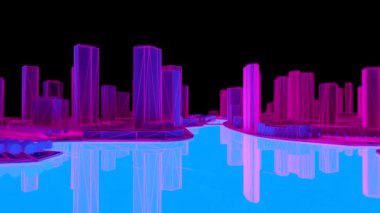 Parlayan sudan ışık saçan bir gece şehrinin kavramsal 3D çizimi. 3d oluşturma.