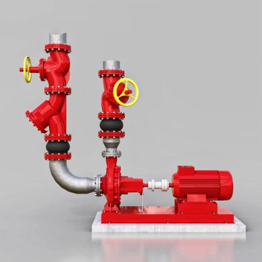 Bir endüstriyel pompa ve boru bölümünün 3 boyutlu modeli. Gri izole arka planda kapakları kapalı. 3d illüstrasyon