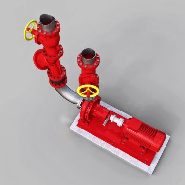 Bir endüstriyel pompa ve boru bölümünün 3 boyutlu modeli. Gri izole arka planda kapakları kapalı. 3d illüstrasyon