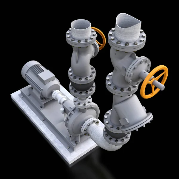 Model Průmyslového Čerpadla Potrubí Uzavíracími Ventily Černém Izolovaném Pozadí Ilustrace — Stock fotografie