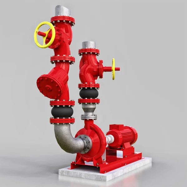 3D model of an industrial pump and pipe section with shut off valves on a gray isolated background. 3d illustration