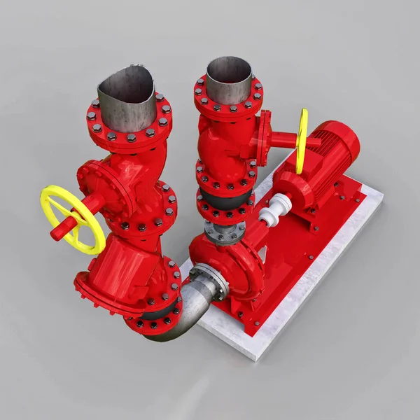 3D model of an industrial pump and pipe section with shut off valves on a gray isolated background. 3d illustration