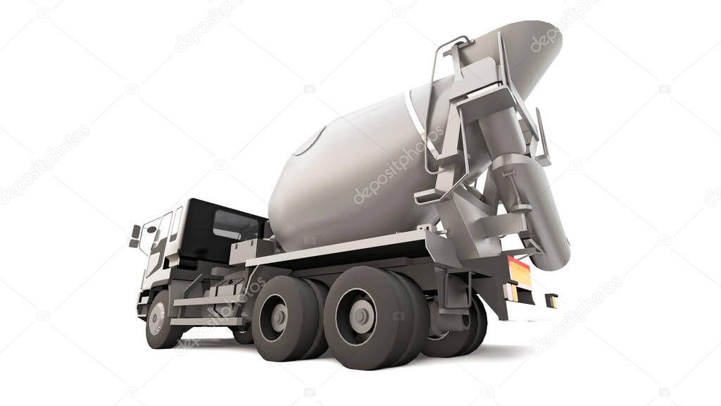 Concrete mixer truck with black cab and grey mixer on white background. Three-dimensional illustration of construction equipment. 3d rendering