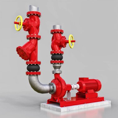 Bir endüstriyel pompa ve boru bölümünün 3 boyutlu modeli. Gri izole arka planda kapakları kapalı. 3d illüstrasyon