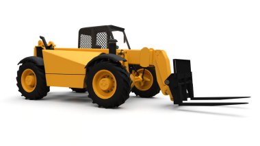 Beyaz izole edilmiş arka planda bir forklift kamyonu. 3d oluşturma