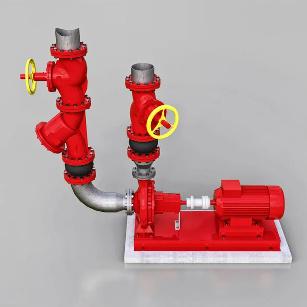 3D model of an industrial pump and pipe section with shut off valves on a gray isolated background. 3d illustration