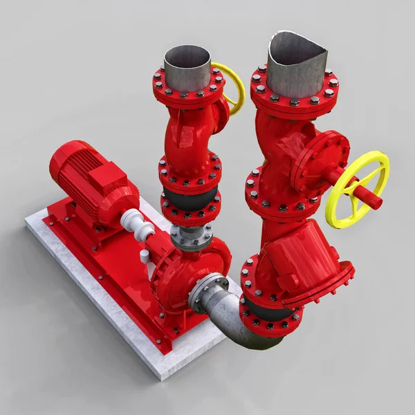 3D model of an industrial pump and pipe section with shut off valves on a gray isolated background. 3d illustration