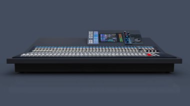 Stüdyo işi için orta boy gri karıştırma konsolu ve gri arka planda canlı performanslar. 3d oluşturma.