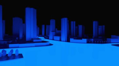 Parlayan sudan ışık saçan bir gece şehrinin kavramsal 3D çizimi. 3d oluşturma.