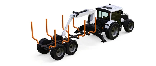 Weißer Traktor Mit Holzanhänger Auf Weißem Hintergrund Darstellung — Stockfoto