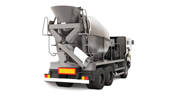 Concrete mixer truck with black cab and grey mixer on white background. Three-dimensional illustration of construction equipment. 3d rendering