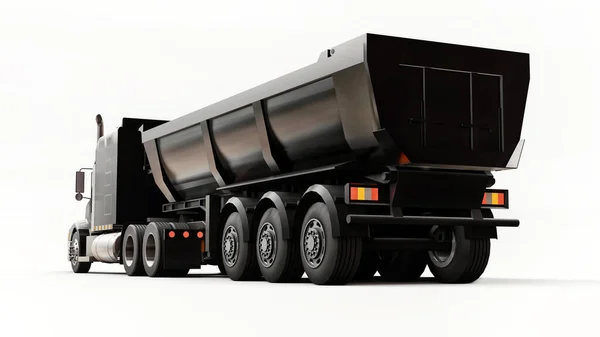 Gran camión americano negro con un camión volquete tipo remolque para el transporte de carga a granel sobre un fondo blanco. ilustración 3d. — Foto de Stock