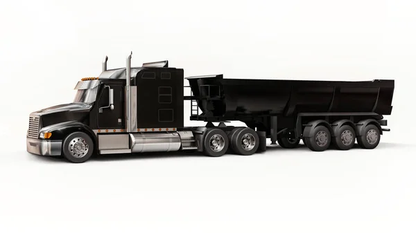 Large black American truck with a trailer type dump truck for transporting bulk cargo on a white background. 3d illustration.