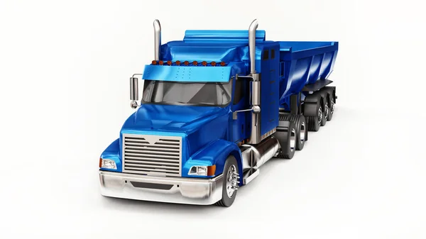 Truk biru Amerika besar dengan jenis trailer dump truk untuk mengangkut kargo massal di latar belakang putih. Ilustrasi 3d. — Stok Foto